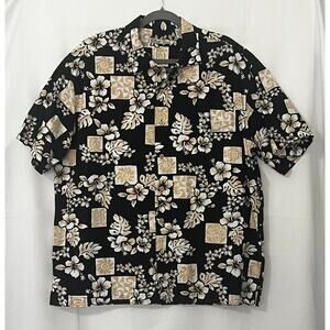 Batck Bay Mens Resort Button Up Shirt Black/Tan Hawaiian Floral 100% Cotton XL